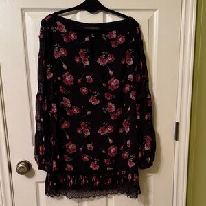 Floral Black and Burgundy Long Sleeve Dress